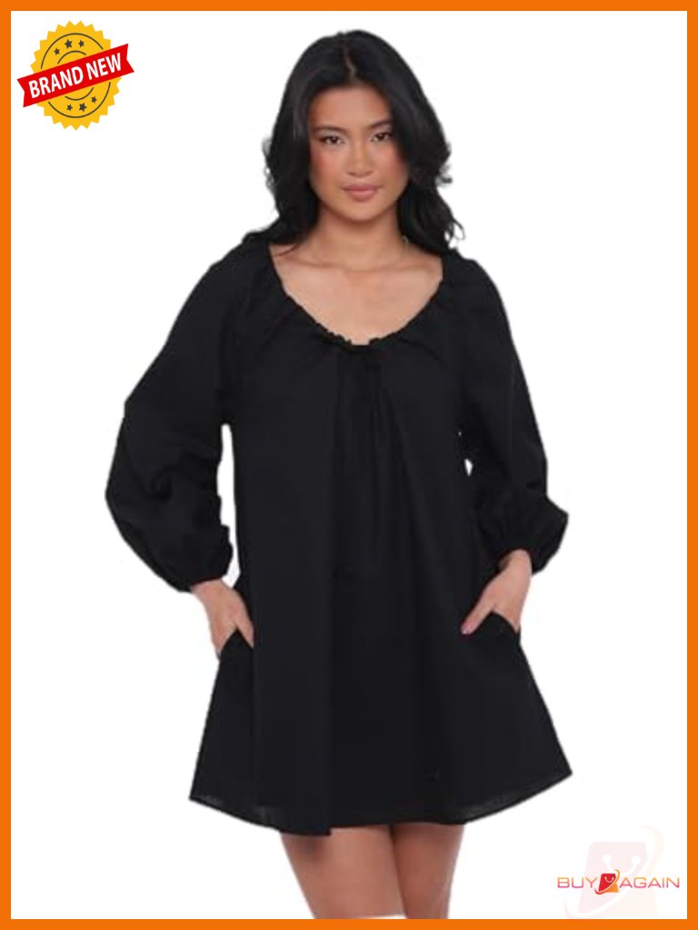 Cotton Linen Mini Smock Dress With Pockets Long Sleeve